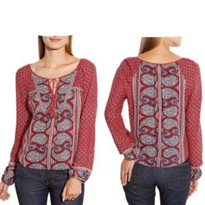 Lucky Brand Kat Mixed Print Top Paisley Tassels Bohemian Red Womens Small